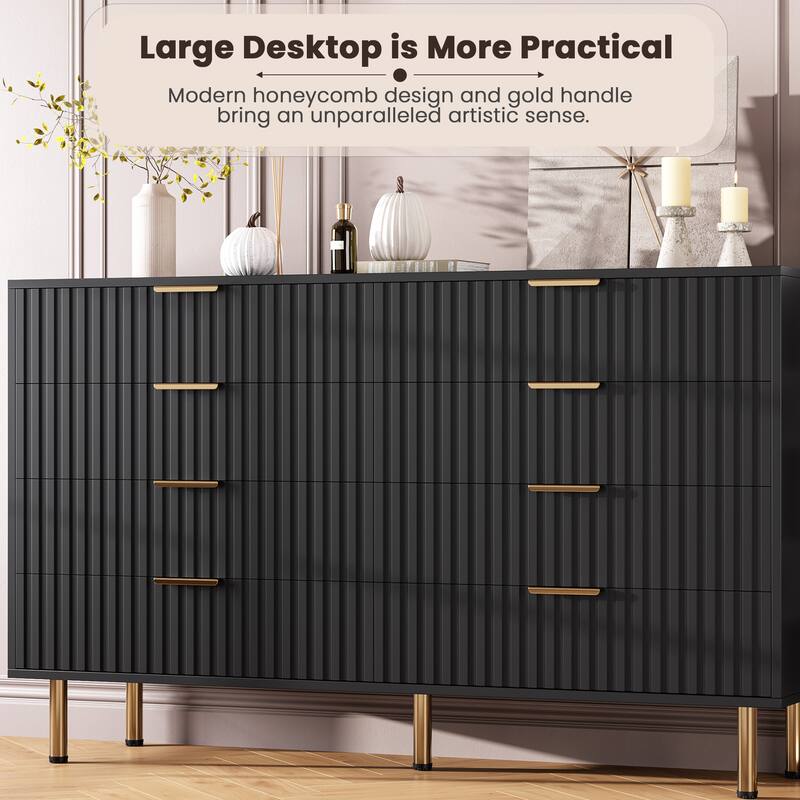 Fluted 8 Drawer Storage Dresser, Tall Modern Chest with Ample Deep Drawers and Wide Top
