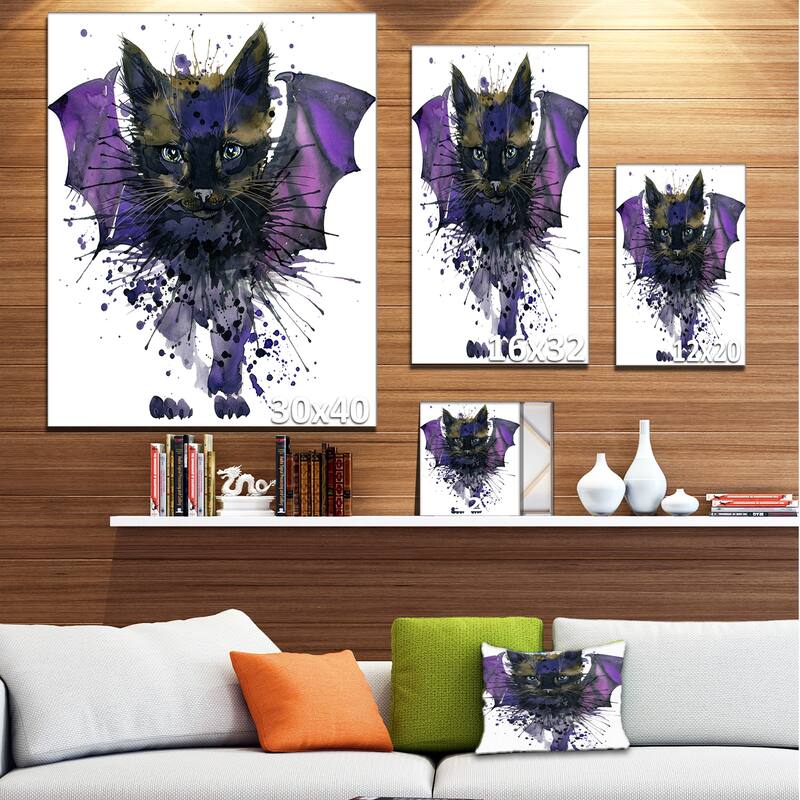 Designart "Black Cat with Blue Wings" Animal Canvas Wall Art