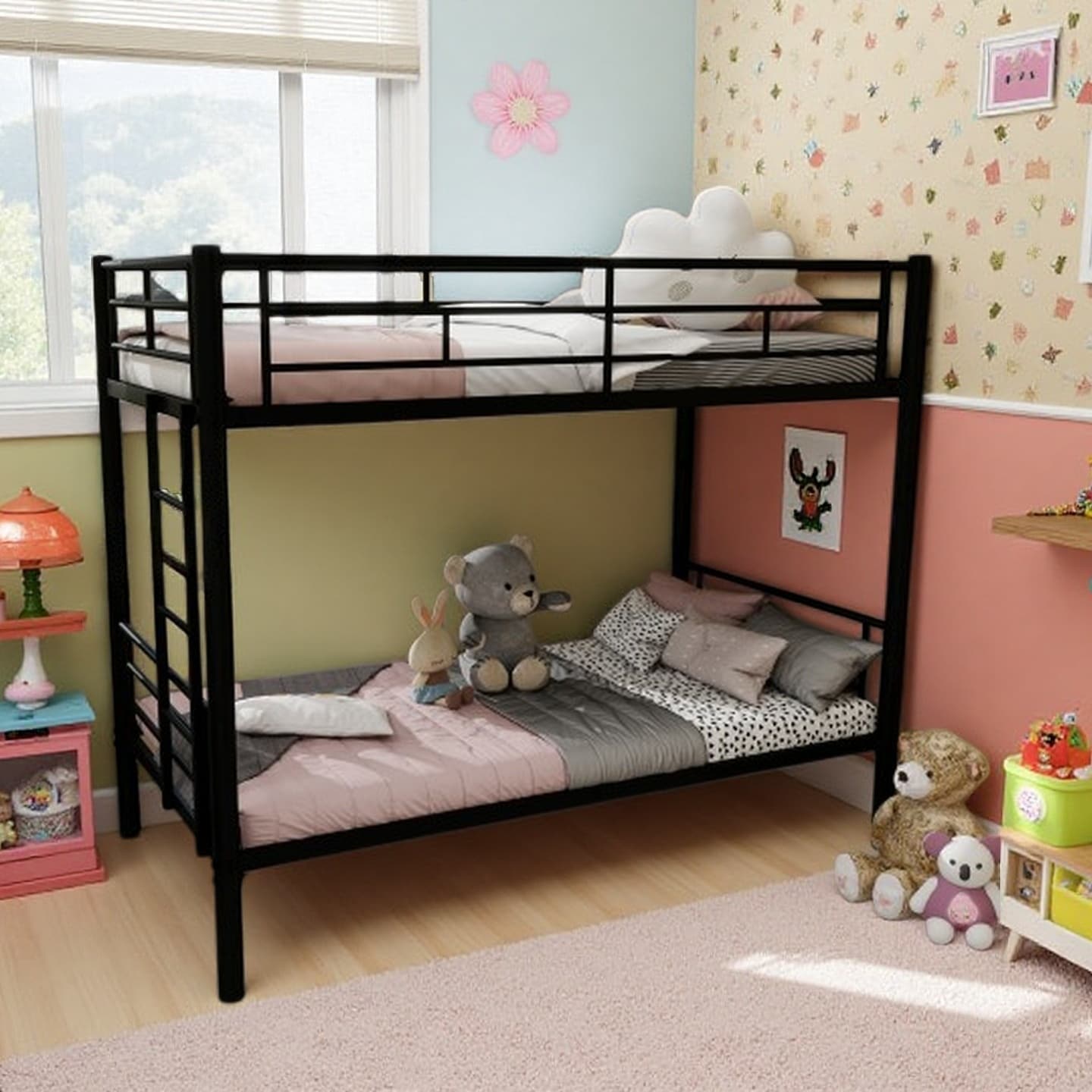 Convertible Twin Over Twin Metal Bunk Bed, Heavy-Duty Steel Frame with Safety Guardrails & Ladder