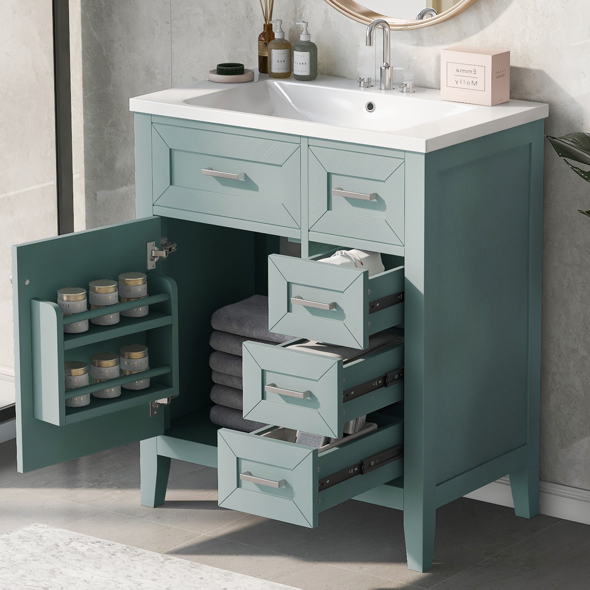30" Bathroom Vanity Cabinet with Undermount Ceramic Sink, Bathroom Storage Cabinet with Drawers & 2-tier Storage Rack, Green