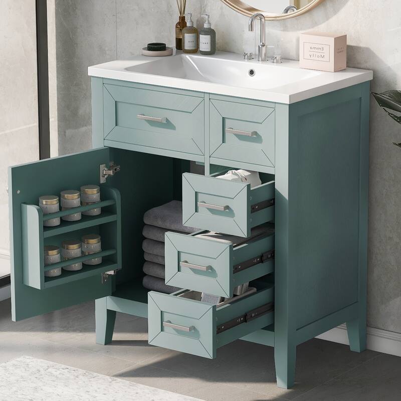 GDFStudio - Nathan Refined Full-Size Bathroom Vanity with Structured Storage - Green - 30"