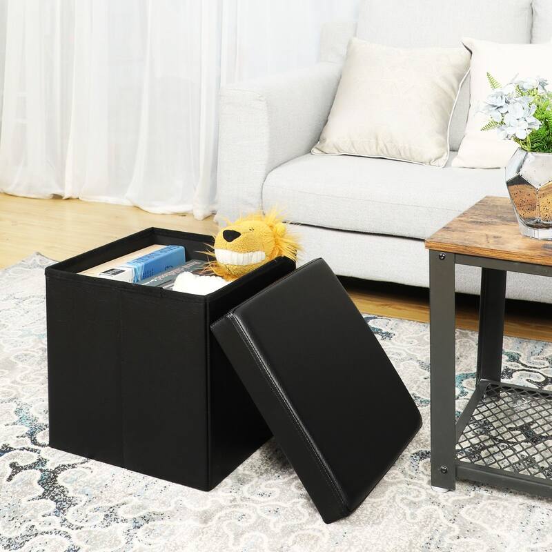 Folding Storage Ottoman Cube Footrest Stool Coffee Table Puppy Step, Faux Leather, Black