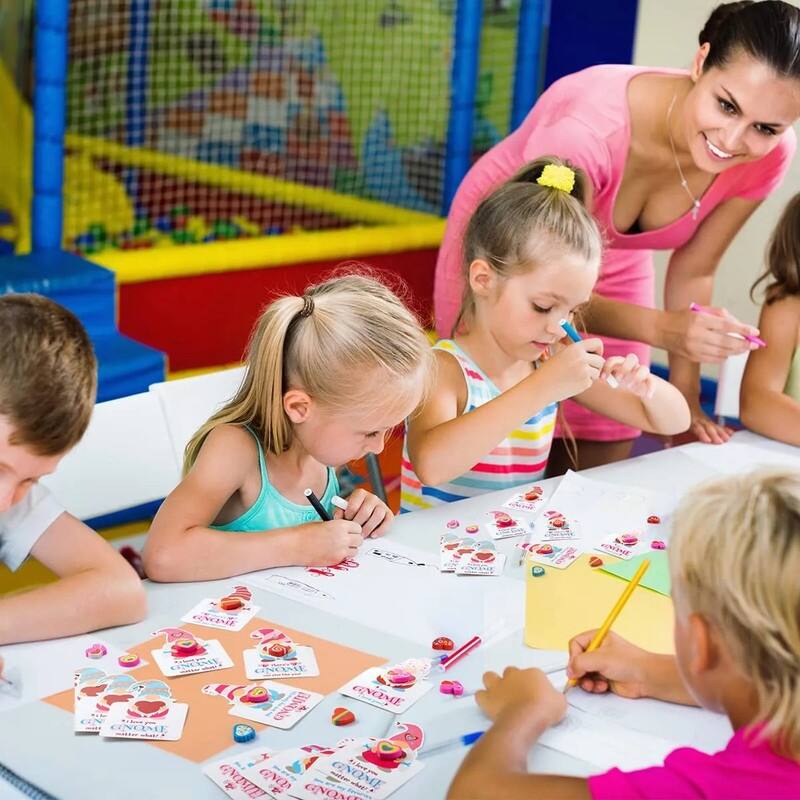 28 Packs Gnomes Heart Kids Valentines Cards with Erasers for Kids' Valentine's Classroom Exchanges and Party Favors. - Multi