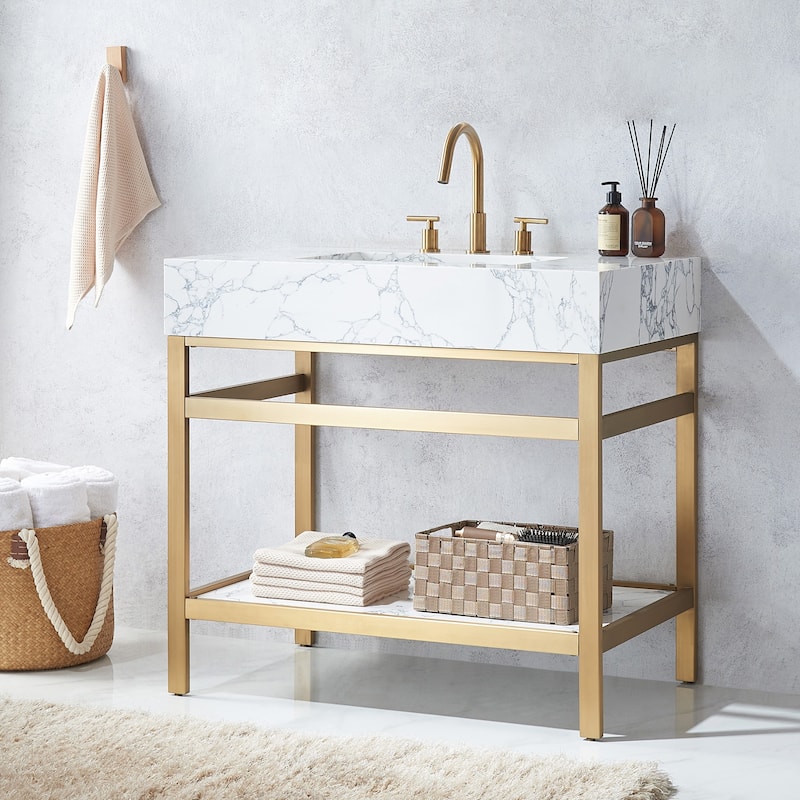 Ecija Bath Vanity, Metal Support with Composite Stone Top, no Mirror