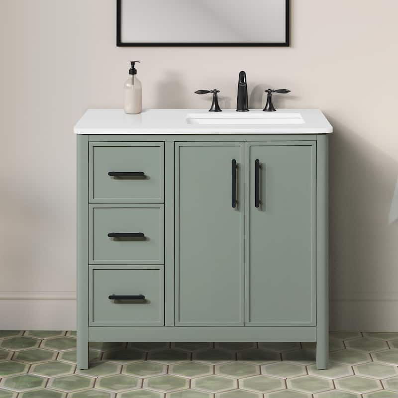 OVE Solas Bathroom Vanity with White Engineered Stone Top - 36" - Sage Green