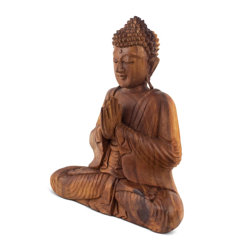 Wooden Serene Sitting Buddha "Anjali Mudra" Statue Handmade Meditating Sculpture Figurine Home Decor Wood