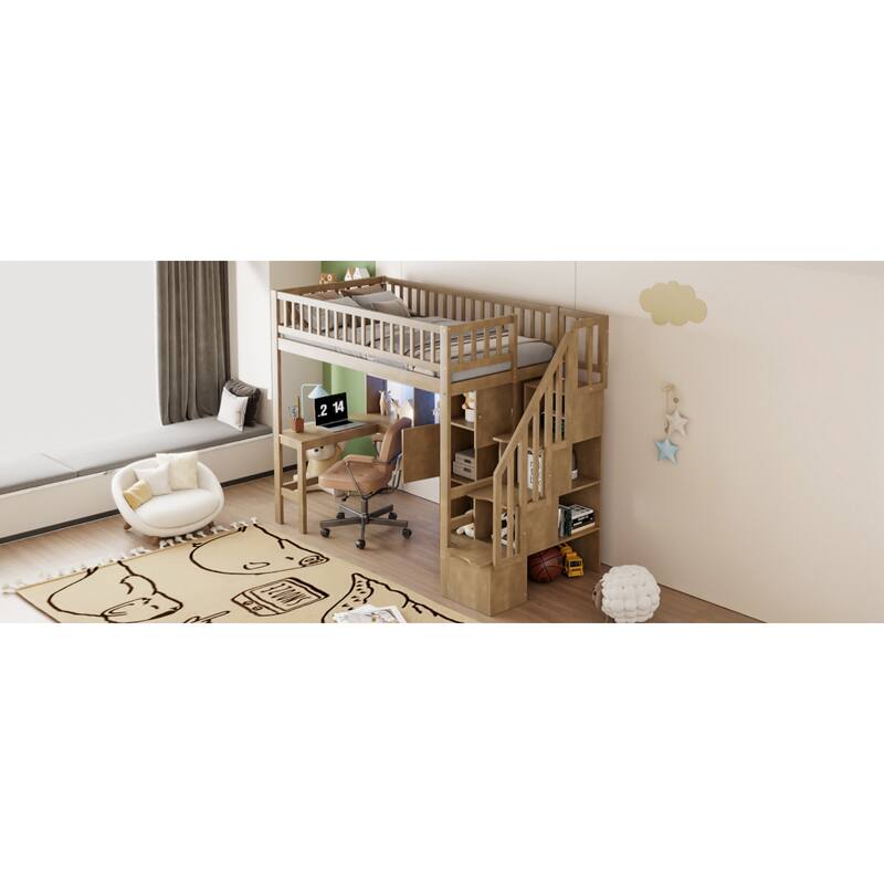 Roomfitters Twin Wood Loft Bed with Built-in Desk, Storage Cabinets and LED Light