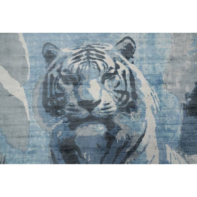 Hand Knotted Oriental Viscose Silk Carpet Modern Animal Pictorial Navy Blue & Blues Modern Area Rug - 7' 11'' X 5' 6''