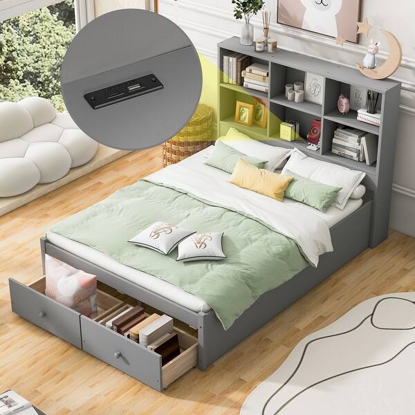 slide 2 of 11, Full Size Bed Platform Bed with Storage Bookcase Headboard, 2 Storage Drawers & Charging Station for Kids Boys Girls, Gray Gray - Full