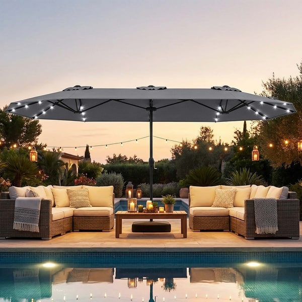 blue outdoor patio umbrella Outsunny 8.6FT Patio Umbrella, UPF 30+ Outdoor Market Umbrella, 2-Tier Vented Patio Table Umbrella with Crank 8 Ribs, Tiltable Porch Umbrella for Gard