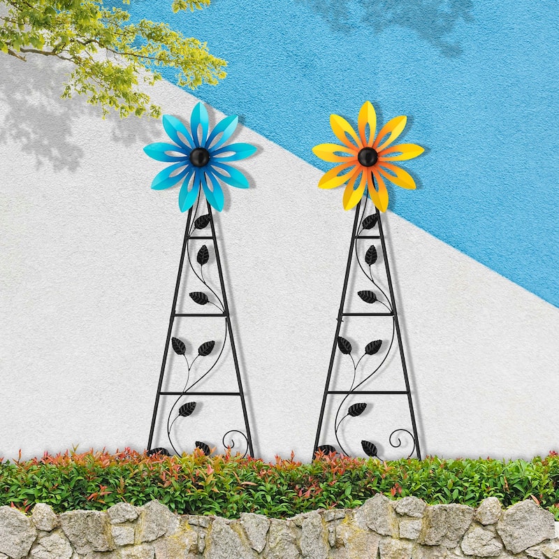 Glitzhome 44"H Glossy Painted Metal Yellow//Blue/Orange/Red Flower Wind Spinner Yard Stake - Multi