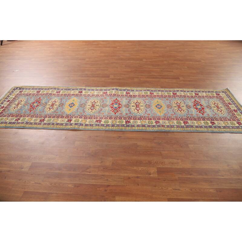 Kazak Runner Rug Light Blue Handmade Wool Carpet - 2'7" x 9'3"
