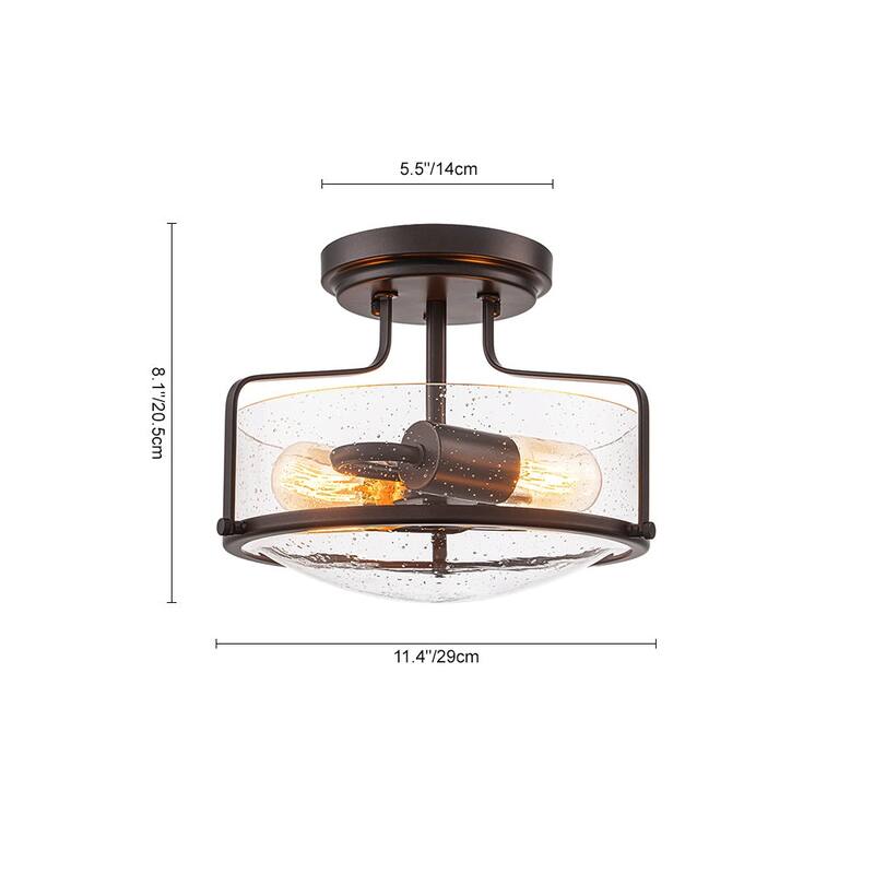 Farmhouse 2-Light Clear Seeded Glass Semi-Flush Mount Ceiling Light - N/A