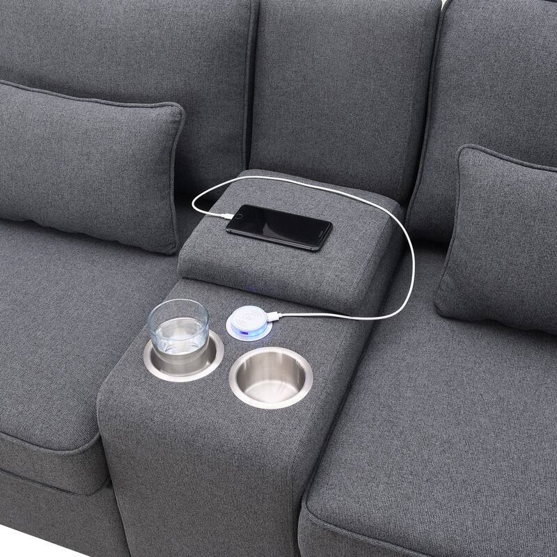 114.2" Modern Linen Fabric Sectional Sofa with Central Console, 2 Cupholders and Charging Station,4 Pillows