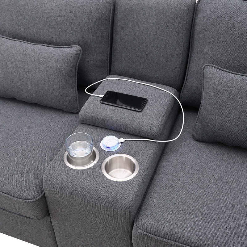 114.2" Upholstered with console, 2 cup holders and USB port (wired or wireless charging) with 4 pillows