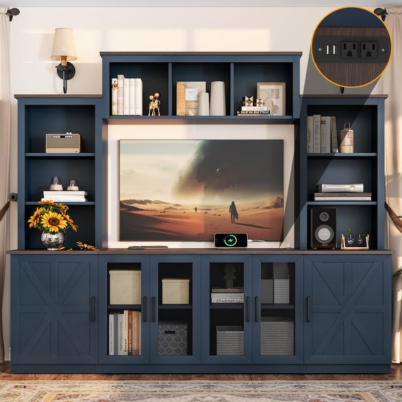87.6" Wall Unit Entertainment Center Wood TV Stand with USB Charging, Media Console with Cabinets, Large Storage TV Cabinet - Blue