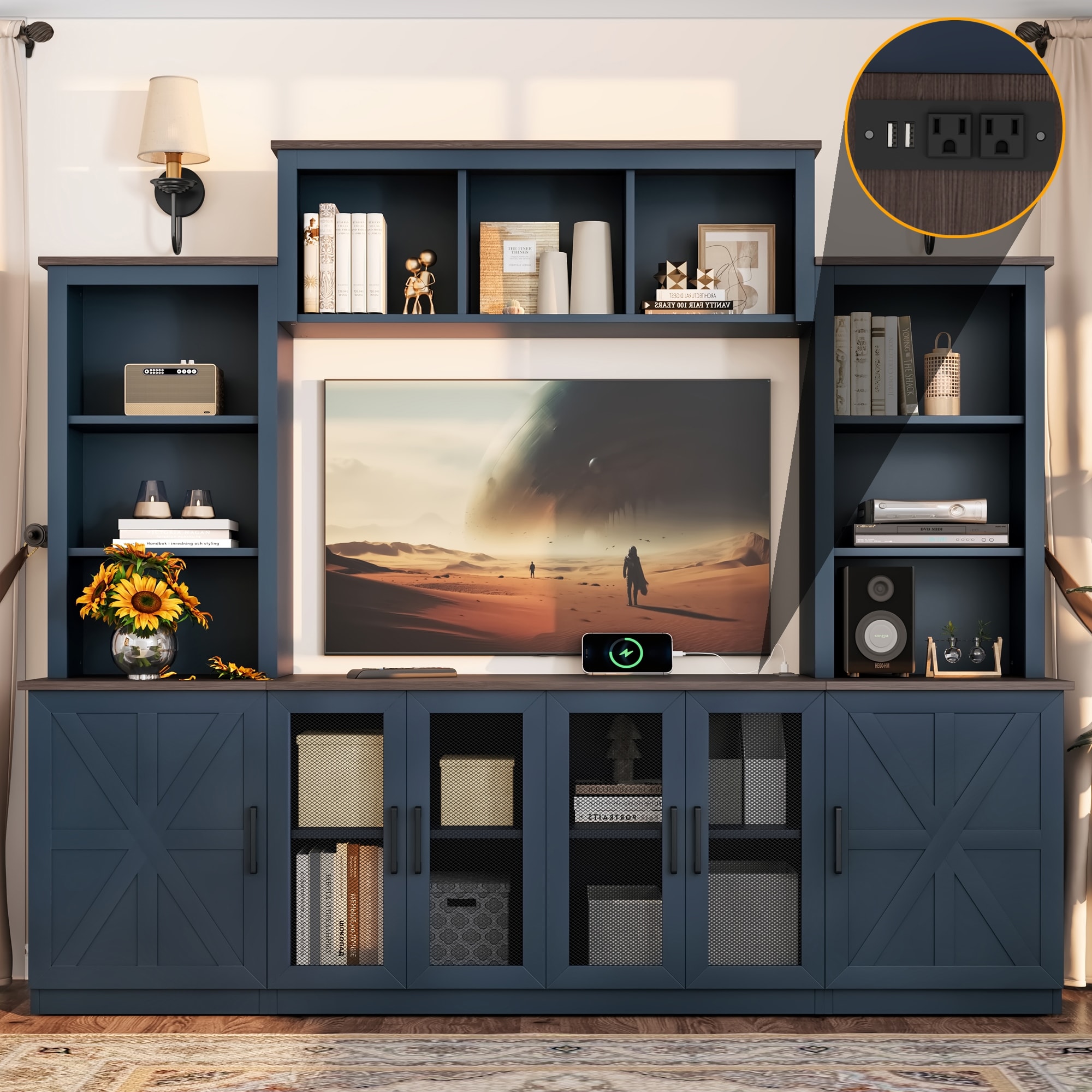 Oversized Wall Unit Entertainment Center TV Stand TV Stand Media Console with Charging Station, USB Charging and Bookcase