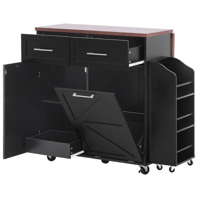 47.2" Rolling Kitchen Island on 5 Wheels with Drop Leaf, Kitchen Island with 2 Drawers, Trash Can Storage