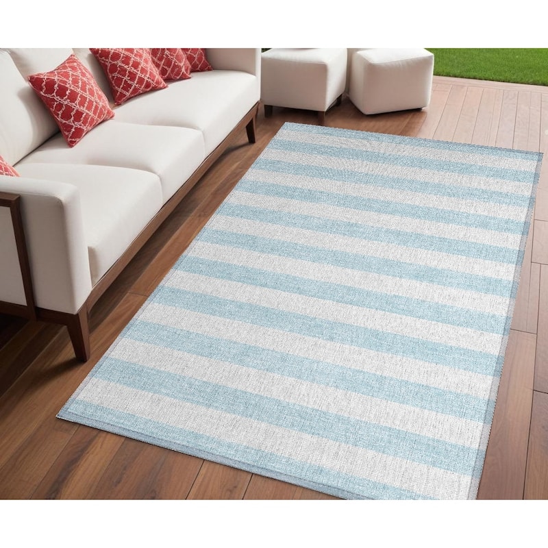 Alro Stripe Weather Resistant Classic Meets Modern Runner Outdoor Rug - 5' X 8' - Blue