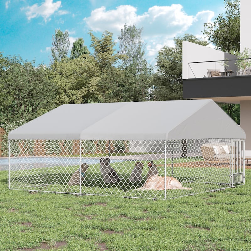 EROMMY 13'x13' Heavy Duty Dog Kennel - Waterproof Cover, Rotating Feeder & Lockable Galvanized Steel Cage