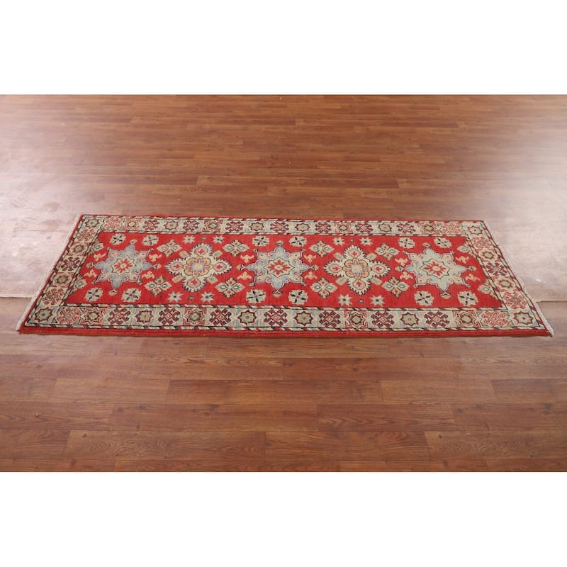 Geometric Red Kazak Runner Rug Handmade Wool Carpet - 2'2" x 5'11"