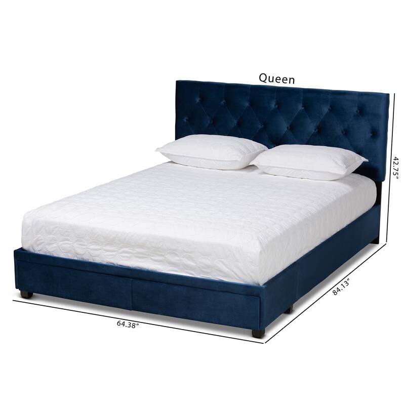 Navy Blue Velvet Queen Bed with Storage Modern Platform Bed Frame, 2 Drawers, Headboard Included
