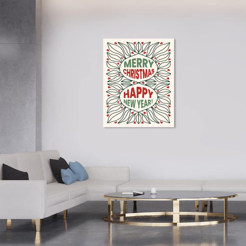 Wynwood Studio Canvas Holiday and Seasonal Happy Holidays Leaf Frame Red Modern & Contemporary Wall Art Canvas Print - 30 x 36