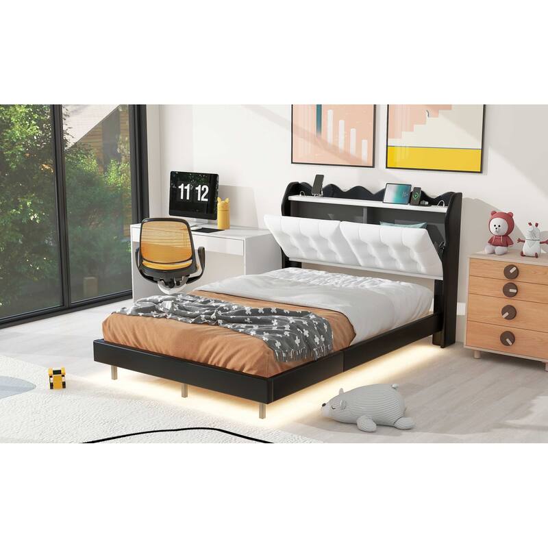 Full Upholstered Bed with LED Light Strips, USB Charging, and Storage Shelves