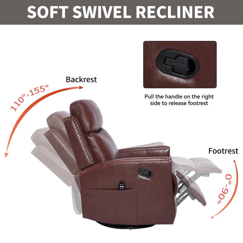 Roomfitters Genuine Leather Swivel Rocker Recliner, Manual Massage Glider with Heat and Top Grain Cowhide, Living Room