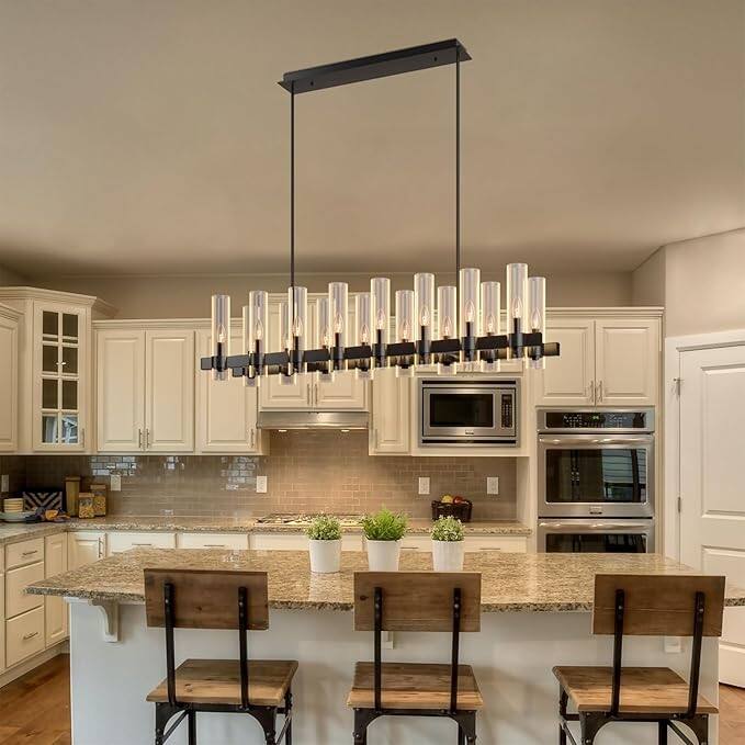 54 Inch Black Chandelier Linear with Clear Glass Shade, 16-Lights Ceiling Pendant Light Fixture,NO INCLUDED BULBS