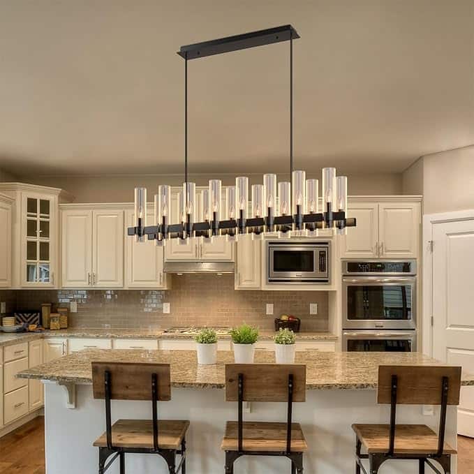 Black Chandelier Linear with Clear Glass Shade, 12-Lights Farmhouse Ceiling Hanging Fixture Over Table,NO INCLUDED BULBS