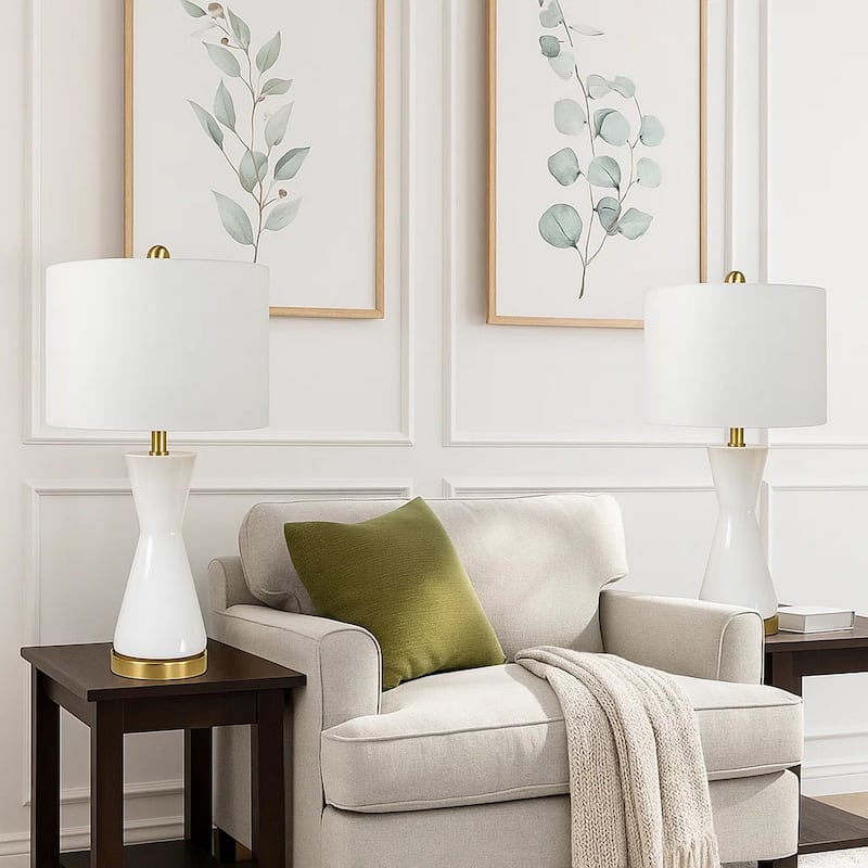 Elma 24 Inch Table Lamp Set of 2, Hourglass Stand, Gold Trim, Glass, White