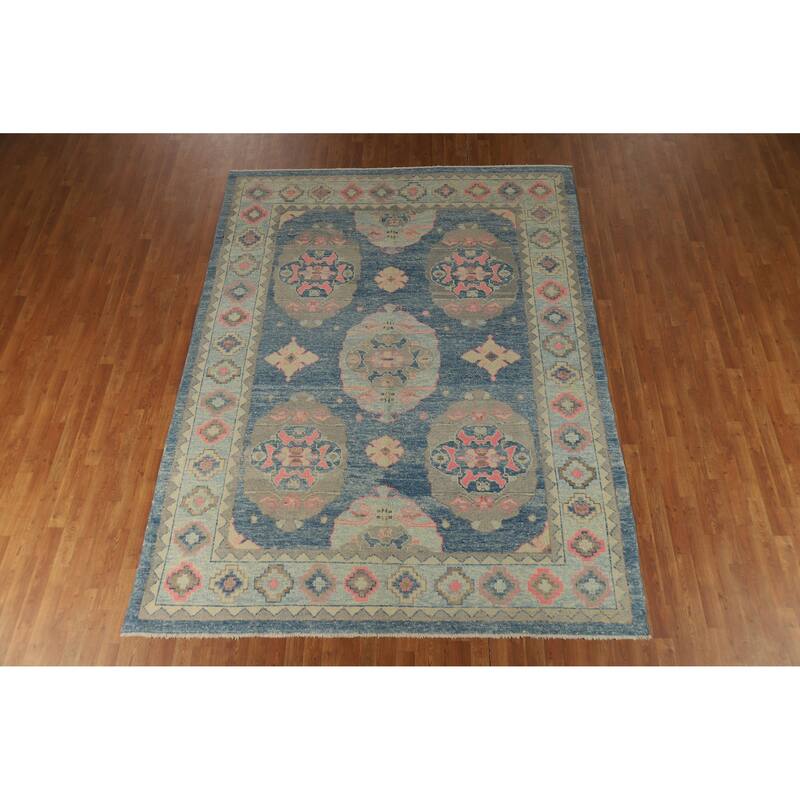 Hand Knotted Oriental 100% Wool Carpet Transitional Geometric Navy Blue & Blues Oushak Area Rug - 10' 7'' X 7' 11''