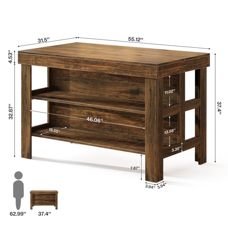 55.1-Inch Kitchen Island with Seating and Storage Shelves