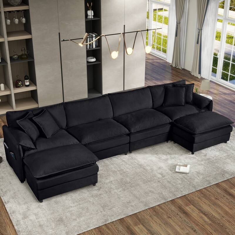 4-Seater Modular U Shaped Chenille Sofa with Ottomans, Black - Multi-Color