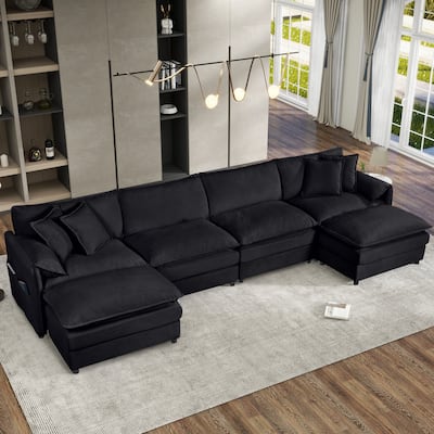 4-Seater Modular U Shaped Chenille Sofa with Ottomans, Black