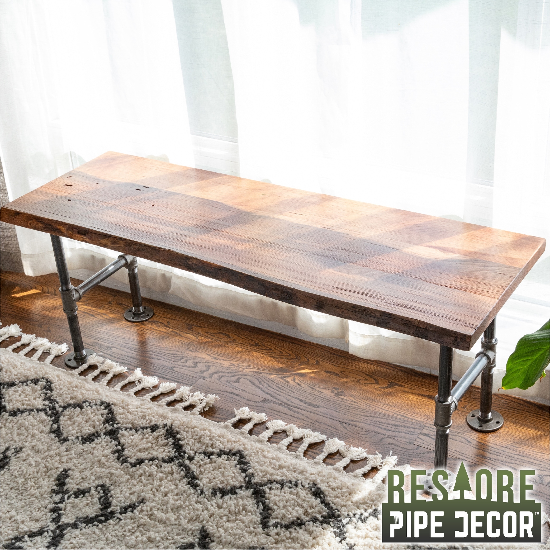 PIPE DECOR Live Edge Wood Bench with Authentic Industrial Pipe