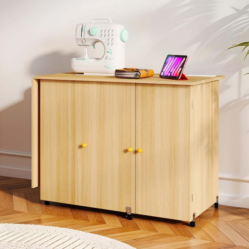 Moasis 61" Wide Folding Sewing Table and Craft Table with Storage and Charging Station