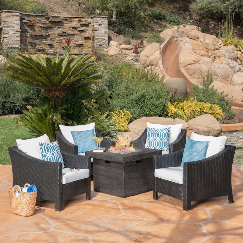 Antibes Outdoor 5-piece Wicker Club Chair Set with Square Firepit by Christopher Knight Home - black wicker + white cushion + grey firepit
