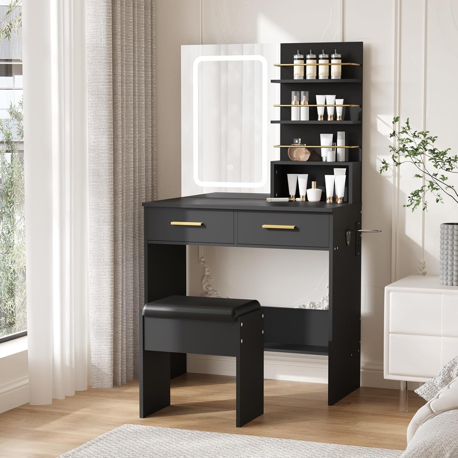 Vanity Desk with Mirror and Lights, Makeup Vanity with 2 Drawers & Open Storage Shelves, Cabinet