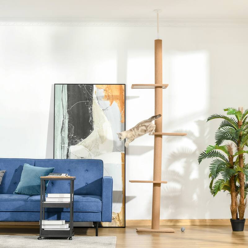 Floor-to-Ceiling Cat Tree Cat Climbing Tower with Sisal-Covered Scratching Posts Natural Cat Tree Activity Center - Brown