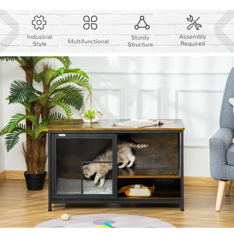 Furniture Style Dog Cage, Wood & Steel End Table Pet House with Cushion and Sliding Doors