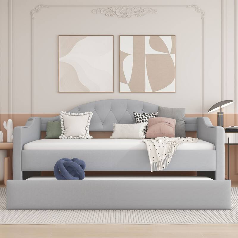 Tufted Upholstered Sofa Bed with Tray - Gray