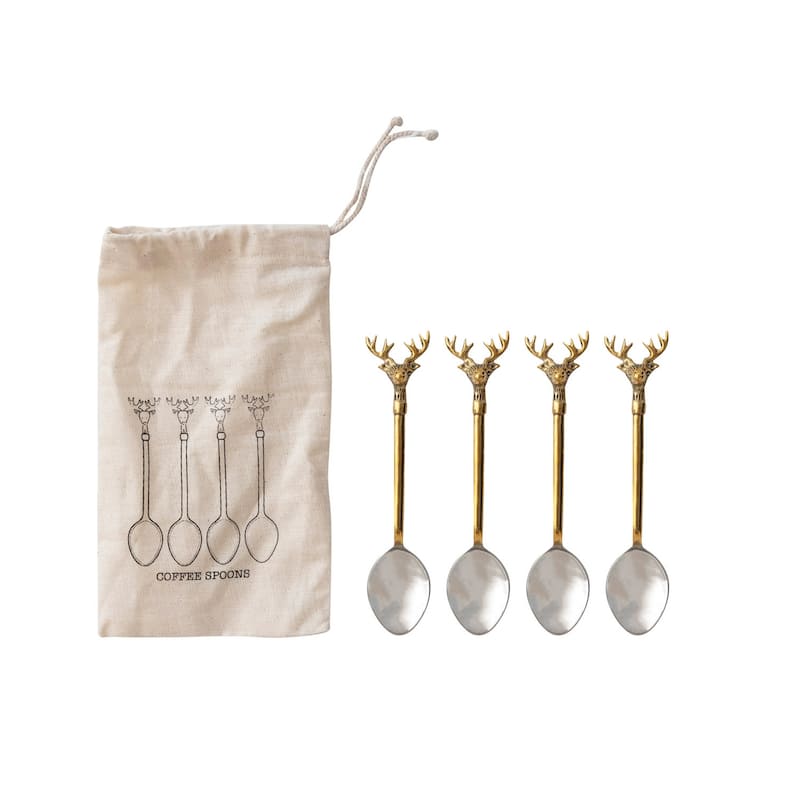 Stainless Steel and Brass Spoons with Reindeer Handles - Service for 4