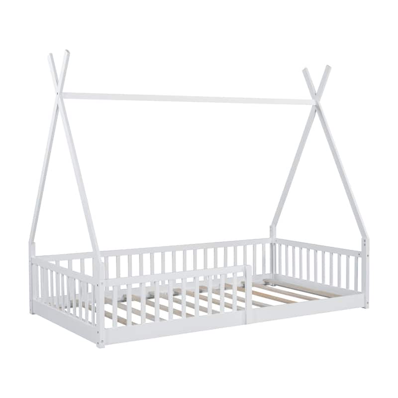 Twin Size Wood House Bed with Fence