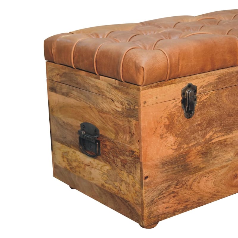 Artisan Furniture Solid Wood Buffalo Hide Oak-ish Storage Trunk, Brown with storage