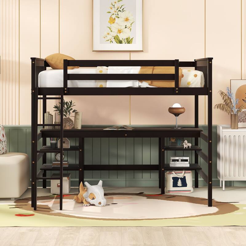 Full Size Loft Bed with Desk and Shelves Wooden Full Loft Bed - Espresso