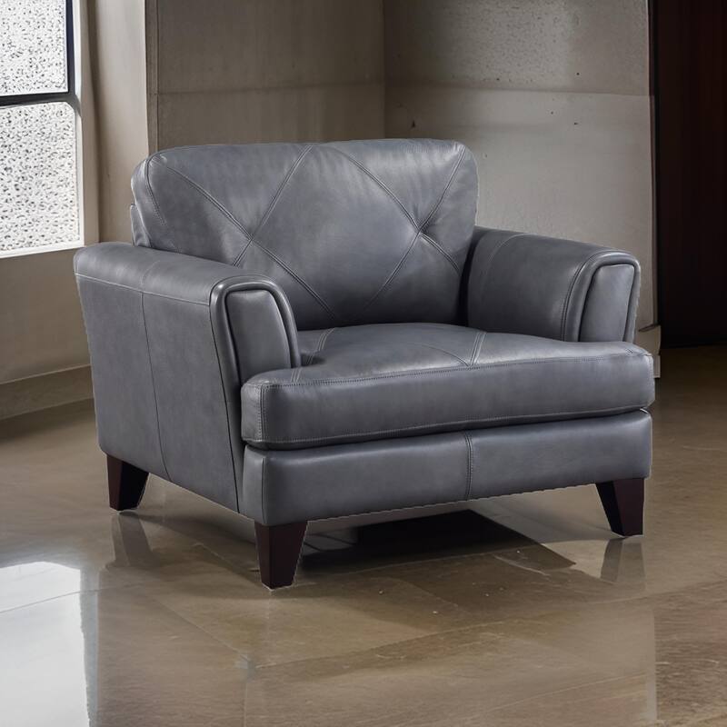 Lisa 38 Inch Accent Chair, Gray Top Grain and Split Leather, Solid Wood