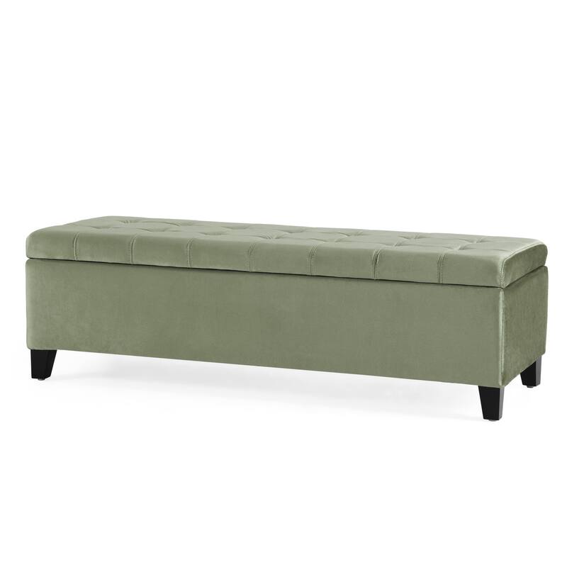 Velvet Rectangular Storage Ottoman, Tufted Upholstered Storage Ottoman, Storage Bench with Safety Hinges & Solid Wood Legs - Pale Green