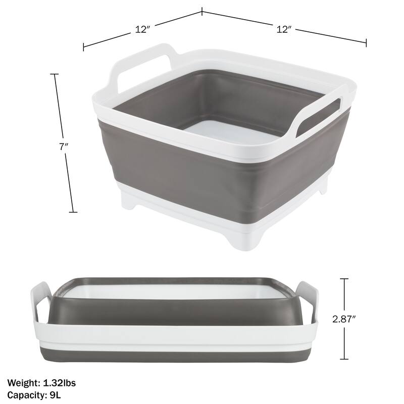 Collapsible Wash Basin - 9L Portable Sink with Drain - Plastic Tub Dish Pan for Camping, Handwashing Laundry by Wakeman Outdoors